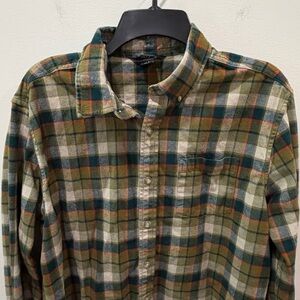 Eddie Bauer Large Casual ButtonDown Shirt Green Orange Plaid flannel fall autumn